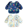 A set of two waterproof full sleeve baby bibs featuring colorful patterns and designs for feeding.