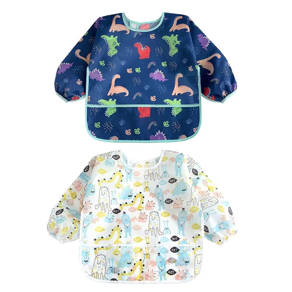 A set of two waterproof full sleeve baby bibs featuring colorful patterns and designs for feeding.