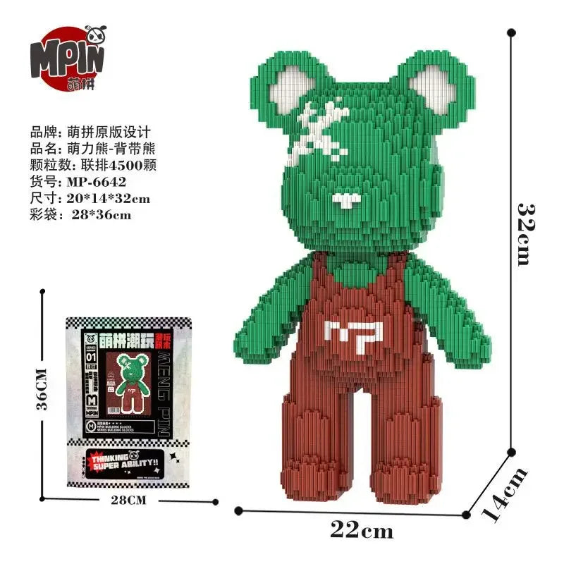 A green bear-shaped mini building block set with a brown apron and a white face detail.