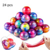 A pile of 24 colorful, glossy slime balls in various vibrant colors and shades.