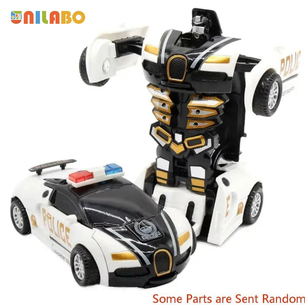 A black and white transformable robot sports car toy resembling a police vehicle.