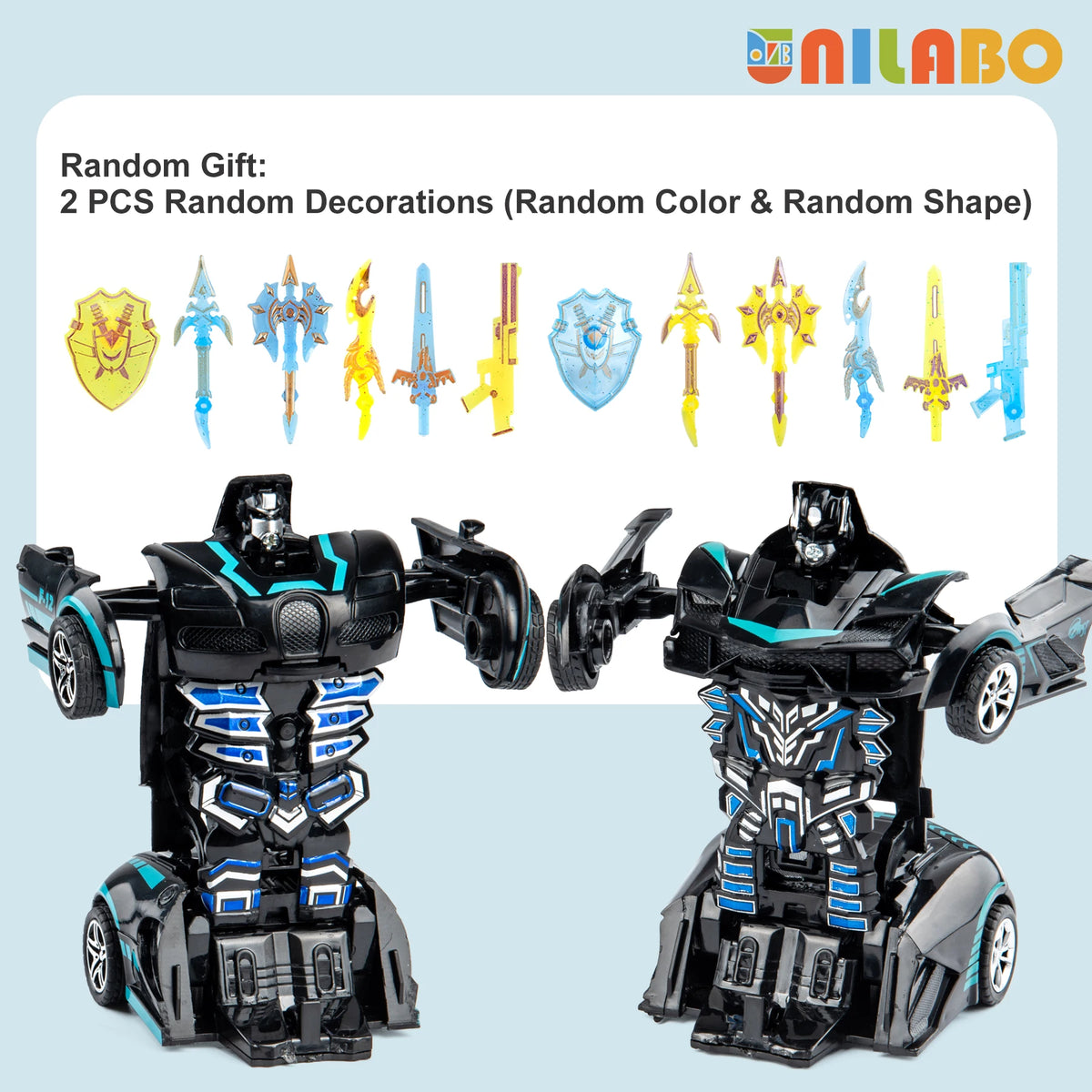 Two transformable robot sports car toys in black and blue, featuring random decorations.