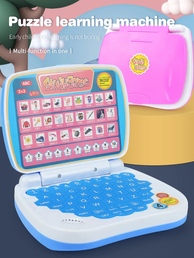 A pink and white puzzle learning machine for early childhood education featuring ABC letters and numbers.