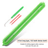 A bright green knitting tool with a long, dense row of teeth and an attached red crochet hook.