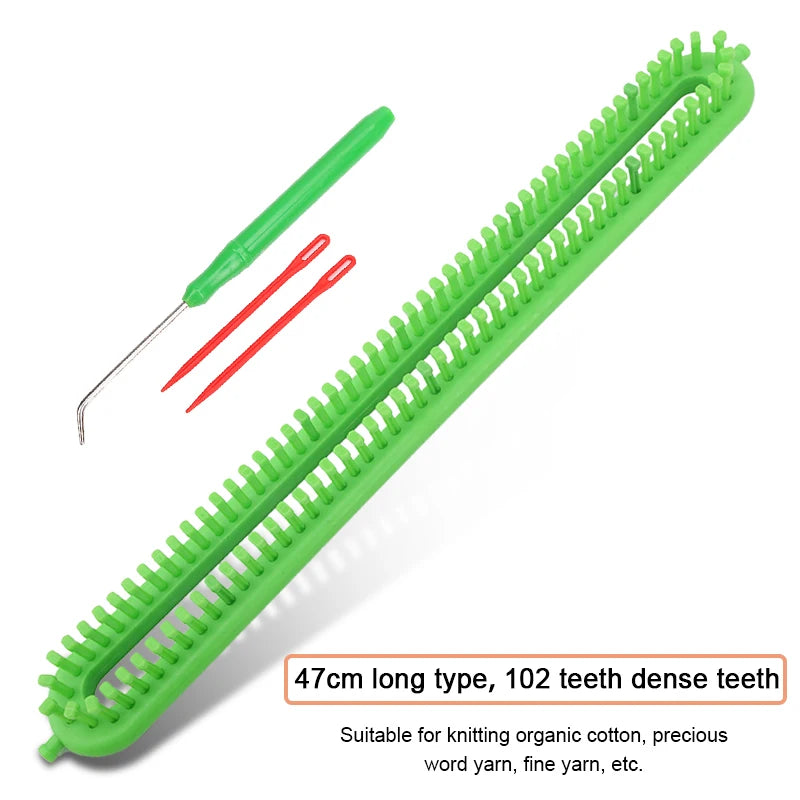 A bright green knitting tool with a long, dense row of teeth and an attached red crochet hook.