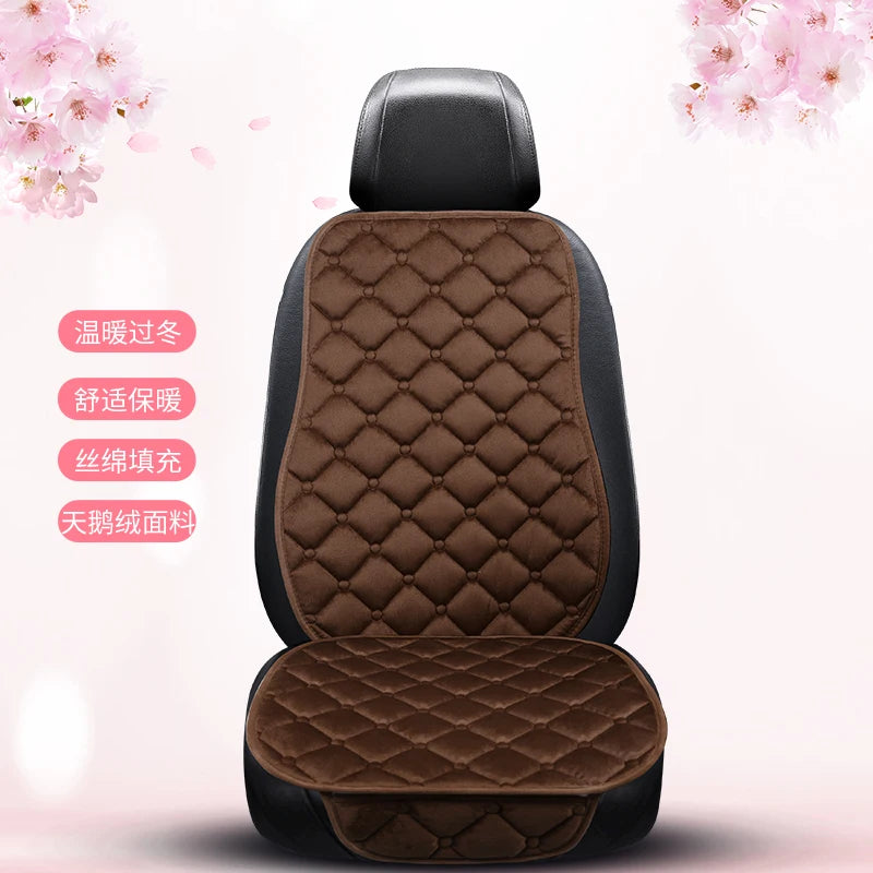 A brown quilted car seat cushion set with a black headrest and padding, highlighting winter warmth and anti-slip features.