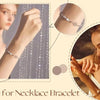 Close-up of a model wearing a delicate silver necklace and bracelet, demonstrating suitability for magnetic jewelry clasps.