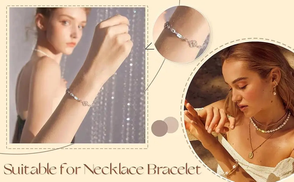Close-up of a model wearing a delicate silver necklace and bracelet, demonstrating suitability for magnetic jewelry clasps.
