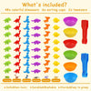 A set of 48 colorful dinosaur figures, sorting cups, and tweezers for a Montessori toy set.