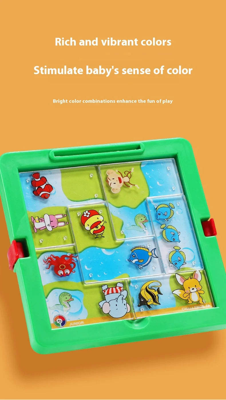 A green plastic box containing a colorful animal park slide puzzle game for children.