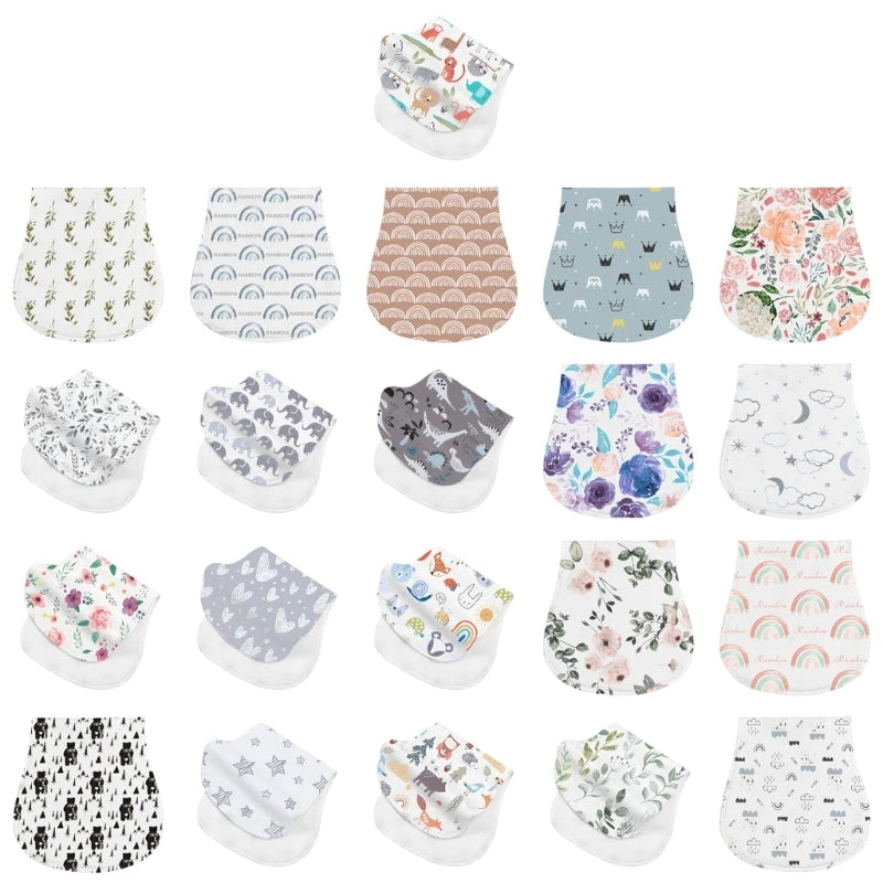 A collection of various patterned absorbent burp cloths for babies, featuring floral, animal, and geometric designs.