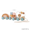A wooden train set with numbered cars and animals, featuring natural wood tones and light blue accents.