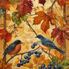 A detailed painting of autumn leaves and berries in warm orange, red, and green tones.