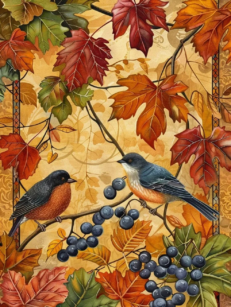A detailed painting of autumn leaves and berries in warm orange, red, and green tones.