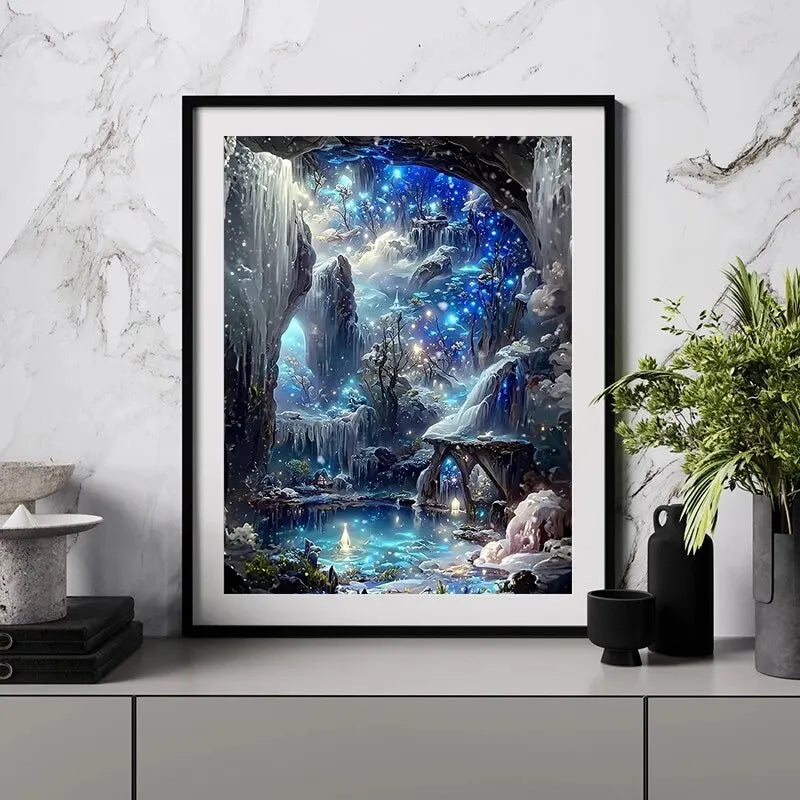 A framed painting depicting a vibrant, fantastical landscape with glowing blue and purple light and waterfalls.