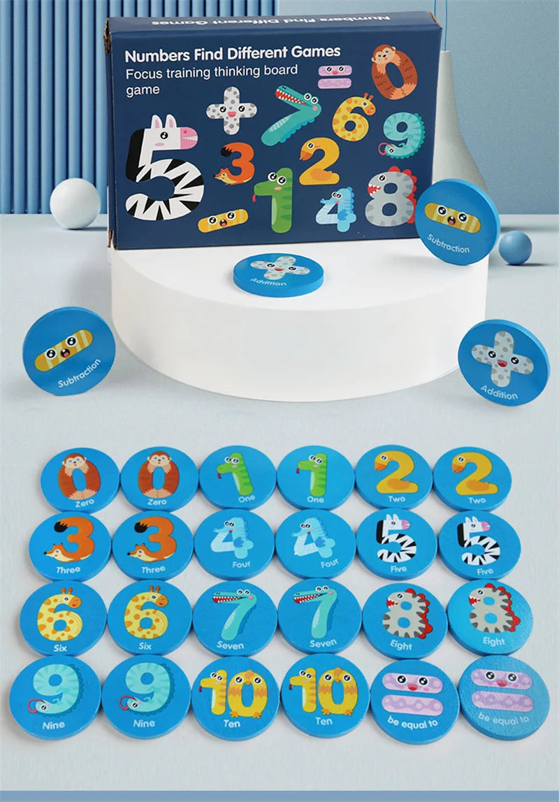 A set of wooden number cards and a training board for teaching different games to children.