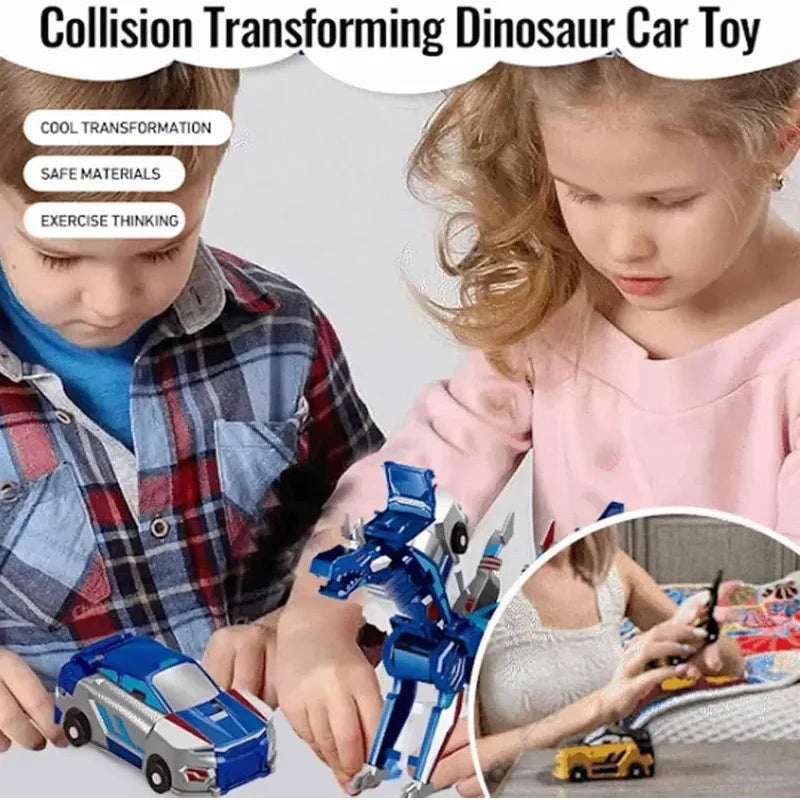 A girl is playing with a blue transforming dinosaur car toy, demonstrating its cool transformation feature.