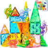 A colorful magnetic building tiles set featuring dinosaur and vehicle shapes for kids