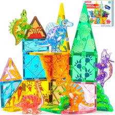 A colorful magnetic building tiles set featuring dinosaur and vehicle shapes for kids