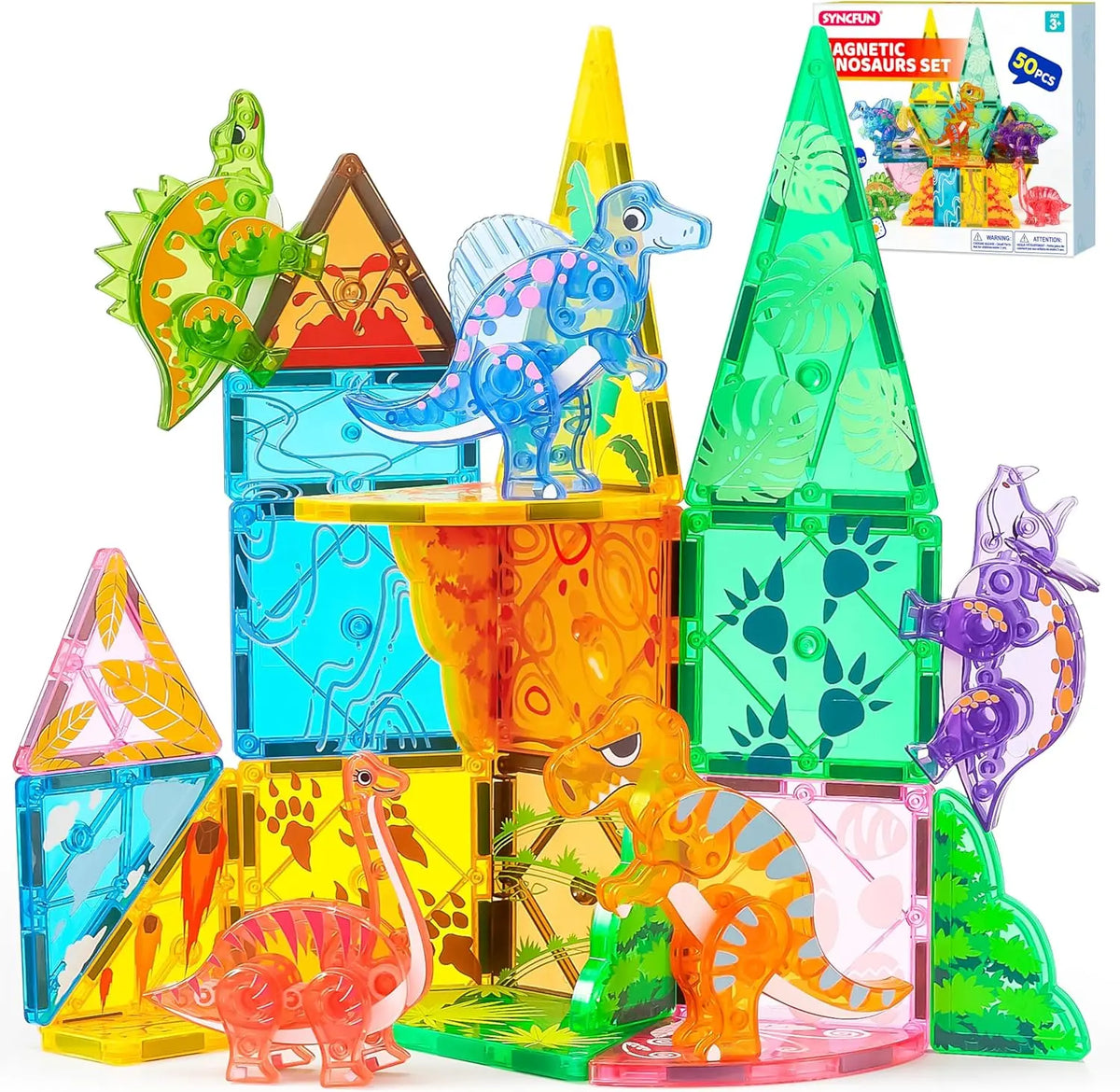 A colorful magnetic building tiles set featuring dinosaur and vehicle shapes for kids