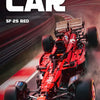 A red open-wheel racing car is shown in motion on a track, featured in a Supercar advertisement.