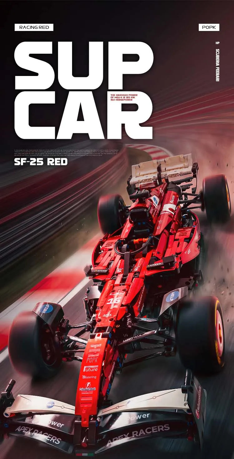 A red open-wheel racing car is shown in motion on a track, featured in a Supercar advertisement.