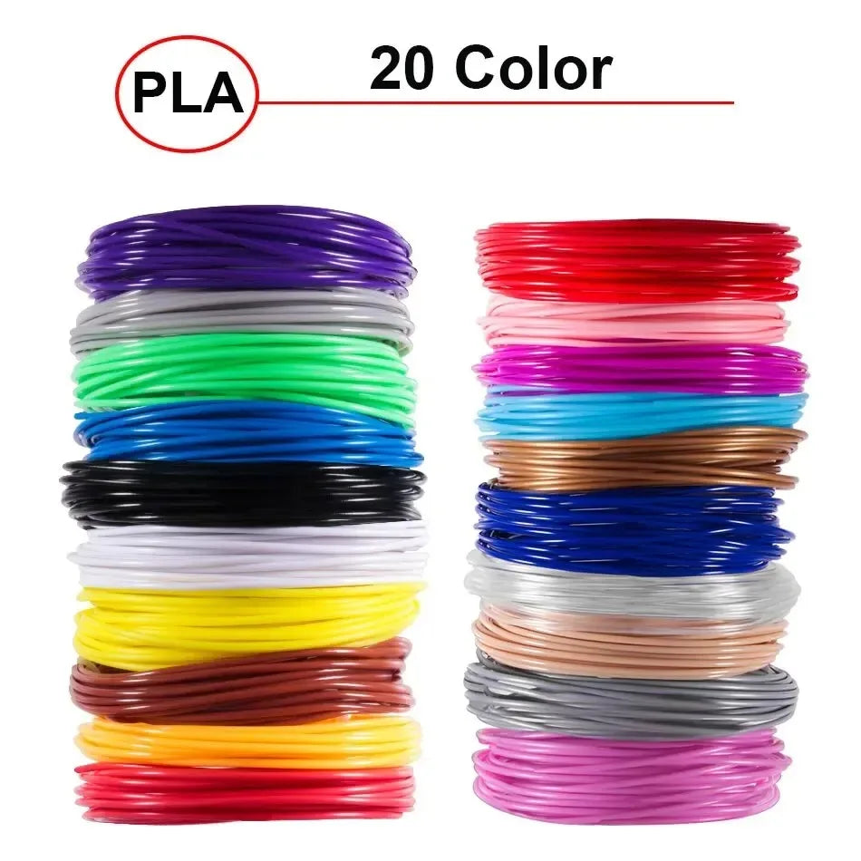 A collection of 20 colored PLA filament spools for 3D pens and printers.
