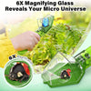 A hand holds a green magnifying glass viewer revealing a butterfly and insects in nature.