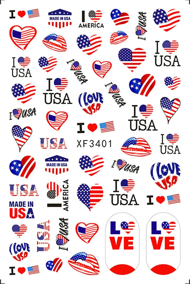 A collection of nail decals featuring the USA flag, patriotic themes, and text like I USA and I LOVE USA.