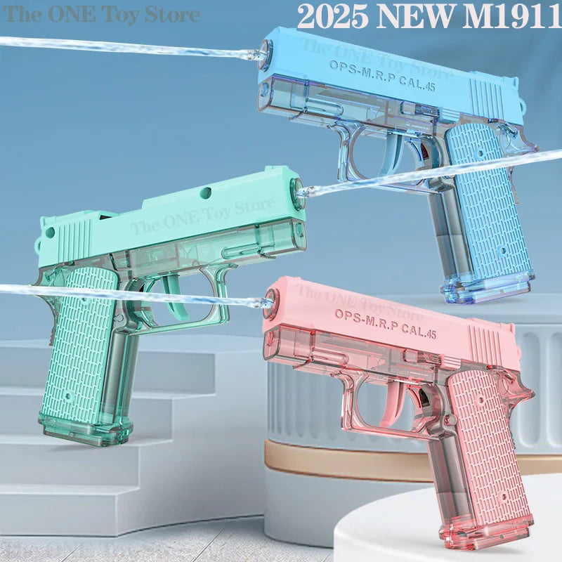 A collection of three plastic toy pistols or water guns in teal, pink, and blue colors displayed on a white surface.