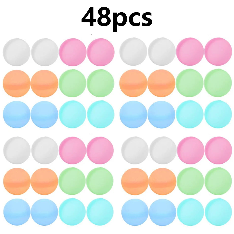 A set of 48 reusable quick-fill water balloons in various pastel colors including white, pink, green, and orange.