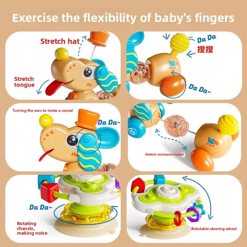 A set of toys for exercising a baby's fingers, including a stretch hat, tongue exercise, and a rotating chassis toy.