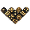 A set of ten 16mm acrylic poker dice with a marbled brown and black finish and gold accents.
