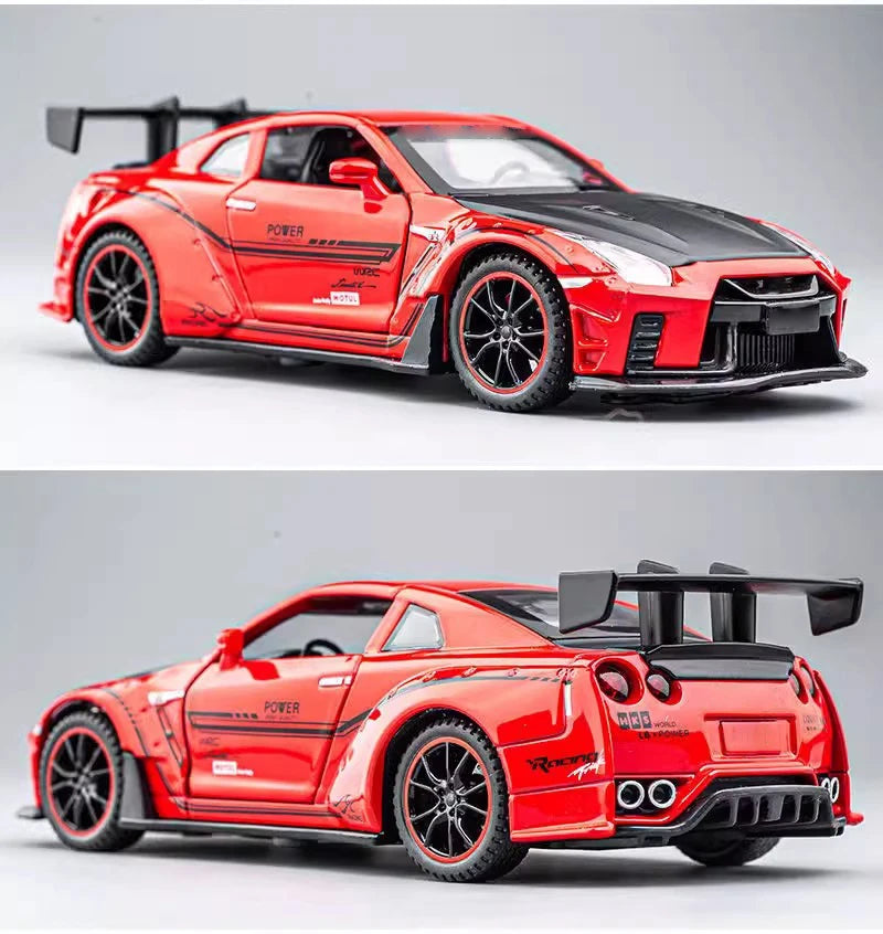 A red Nissan GTR R35 diecast model car with black accents and performance features.