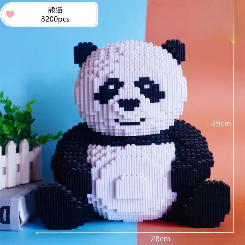 A white and black building block panda 3D model set shown in a seated pose against a blue background.