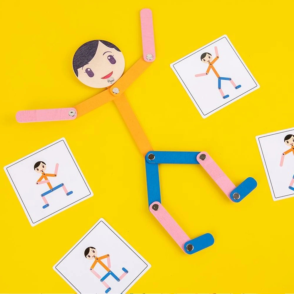 A set of colorful wooden puzzle sticks designed for children to practice fine motor skills and hand-eye coordination.