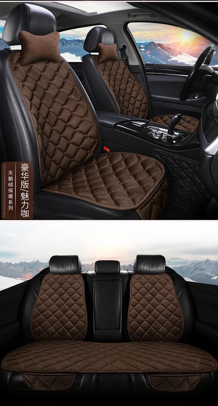 A set of three brown quilted car seat cushions for winter warmth and anti-slip grip shown in a vehicle interior.