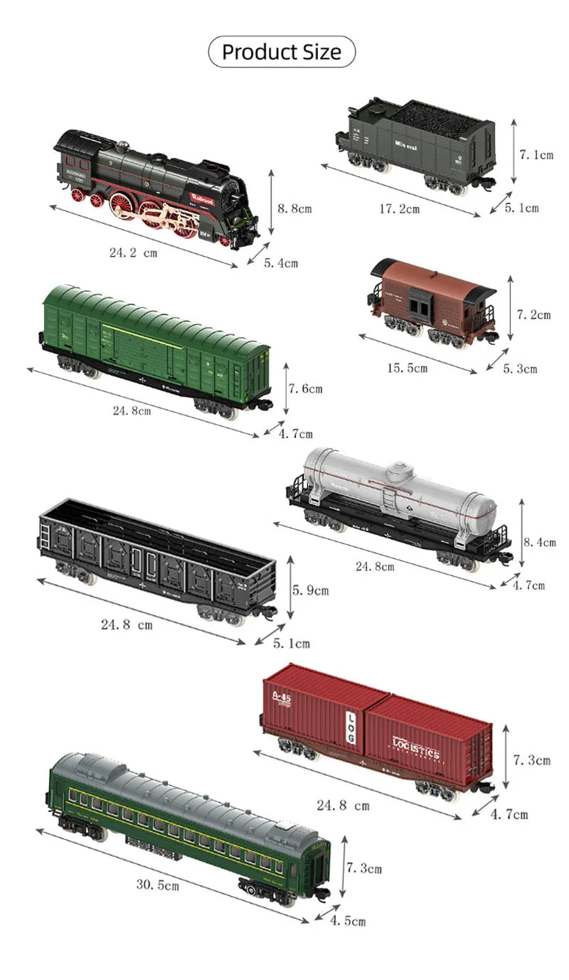 A collection of vintage steam train models in various sizes and colors, including locomotives and freight cars.