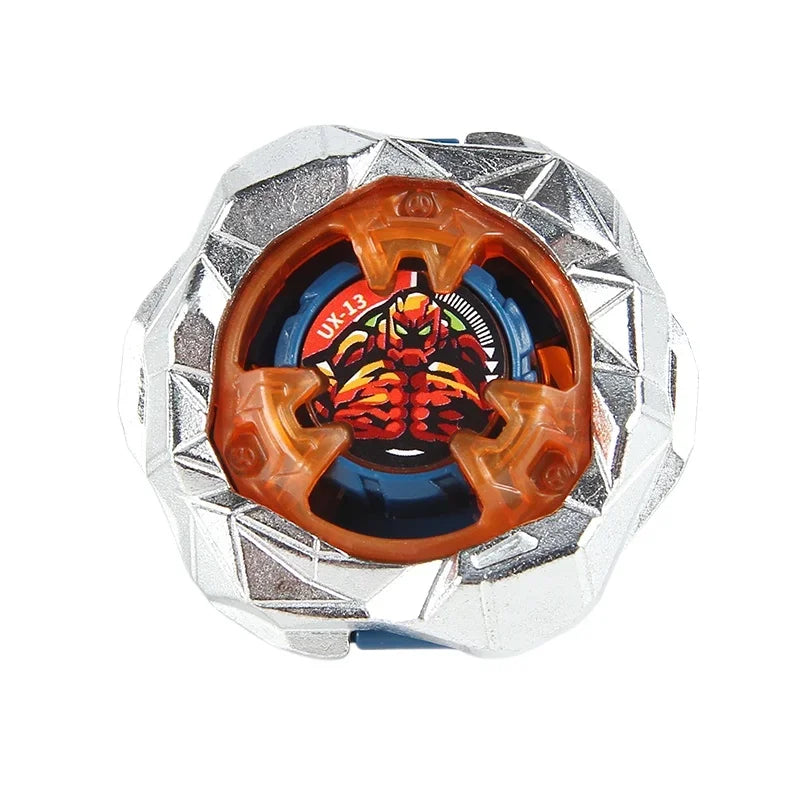 A silver metal spinning top featuring an orange-tinted central mechanism and a red and black Spider-Man design.