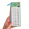 A hand holds a green flash card set showing multiplication facts from 7x1 to 7x12.