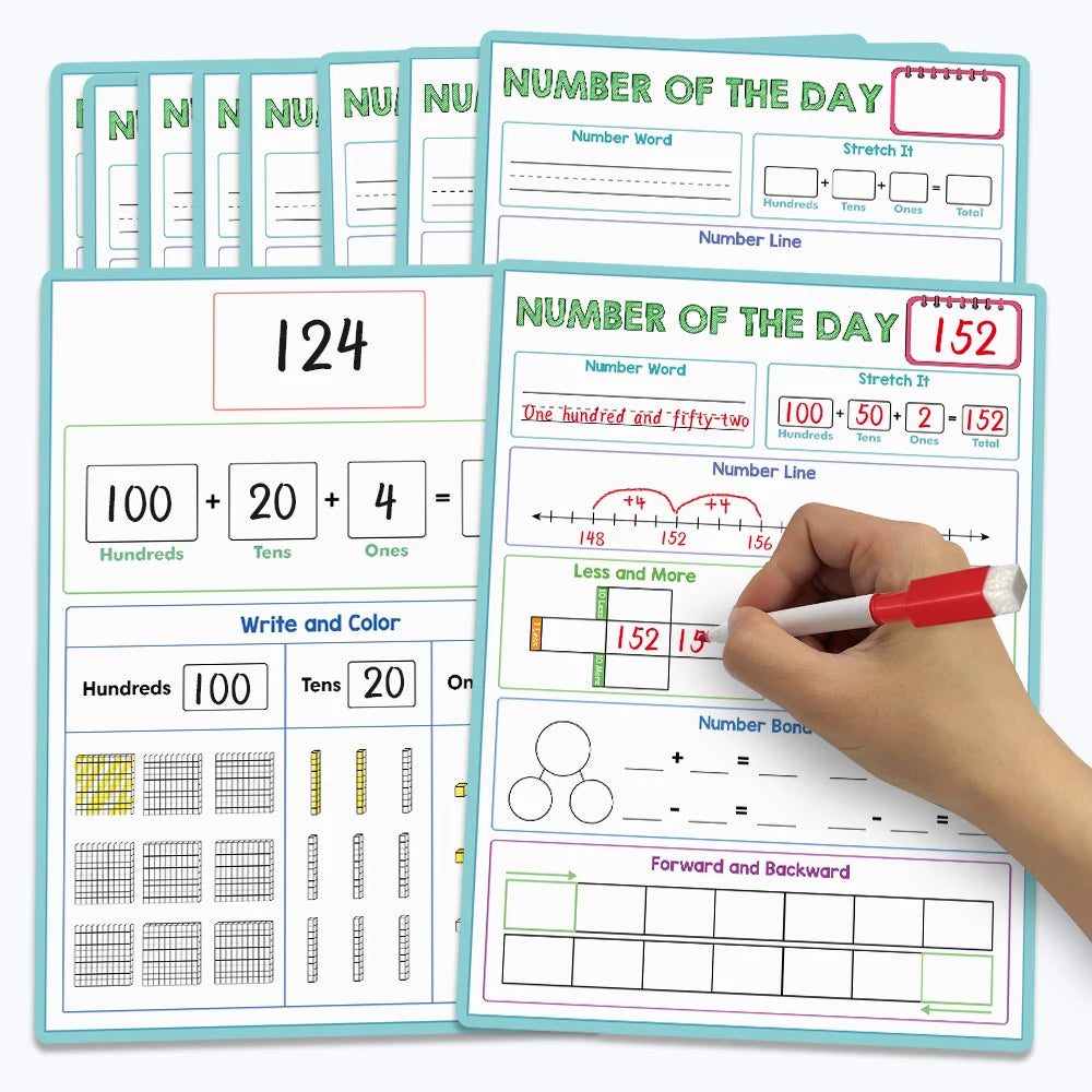A colorful maths poster for kids showing number line and place value activities like addition and writing numbers