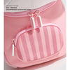 Pink mini backpack with a striped fabric detail and white zipper pulls