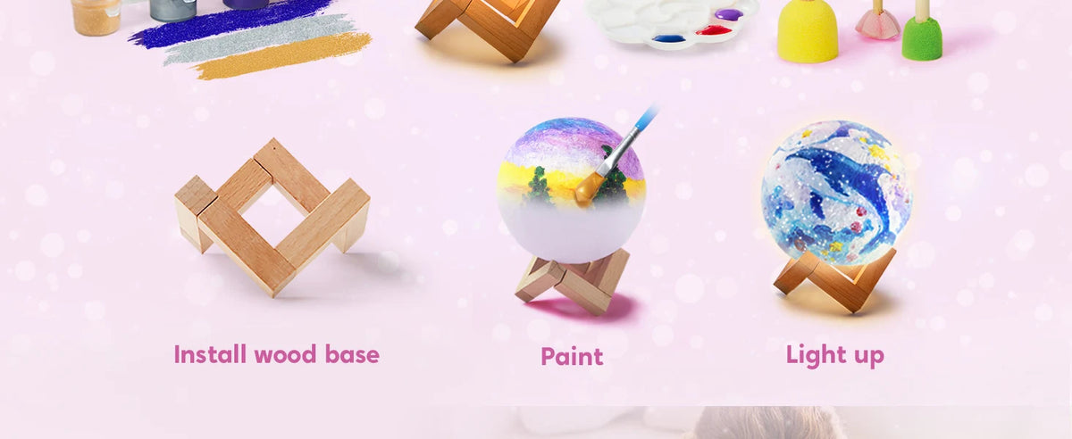 DIY craft kit showing steps to install a wood base, paint, and light up a 3D moon night light.