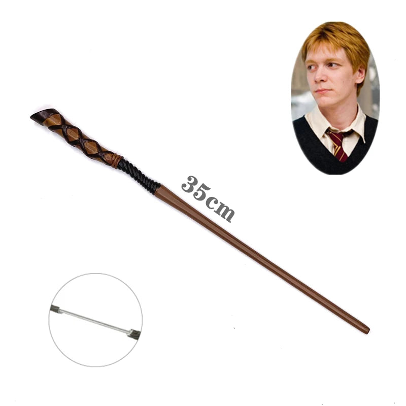 A long, dark brown metal wand with a braided handle and a decorative tip, shown next to a man's portrait.
