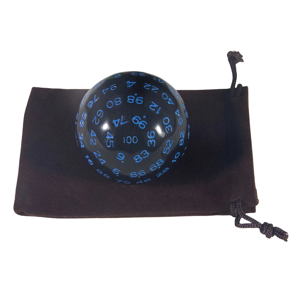 A blue 100-sided polyhedral die is shown resting on a dark fabric storage bag.