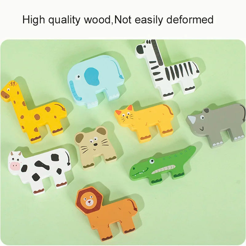 A collection of colorful wooden animal figures, including a giraffe, zebra, cat, elephant, and others, arranged on a light gr