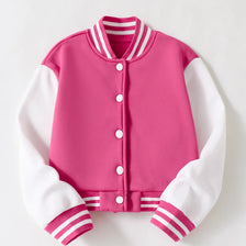 A pink and white knitted cardigan with a collar and ribbed cuffs.