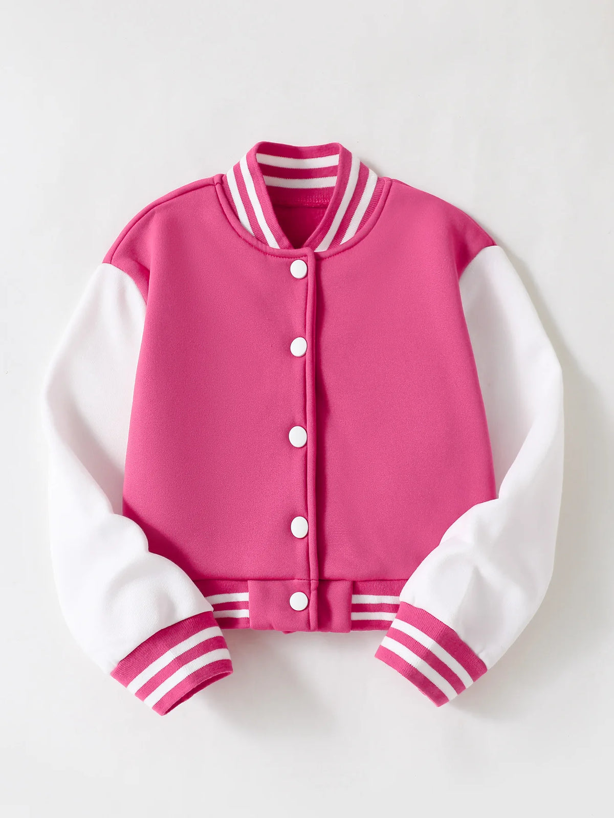 A pink and white knitted cardigan with a collar and ribbed cuffs.
