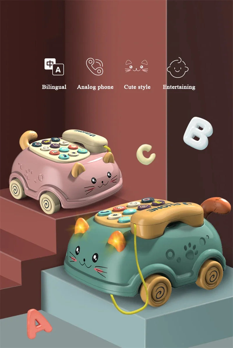A set of three musical phone toys for toddlers, including a pink, green, and white version with lights and sounds.