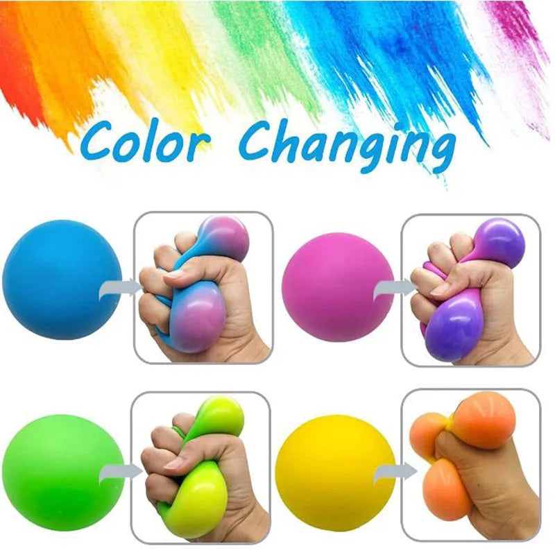 A collection of colorful squishy stress balls showing various colors like blue, purple, pink, green, and yellow.